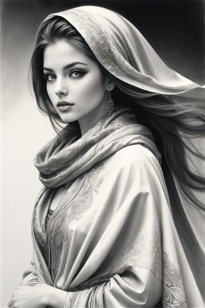 طرح سیاه قلم چهره دختر زیبای ایرانی با شال و پوشش سنتی ایده تابلو دکوراتیو اتاق خواب و کافه‌های سنتی