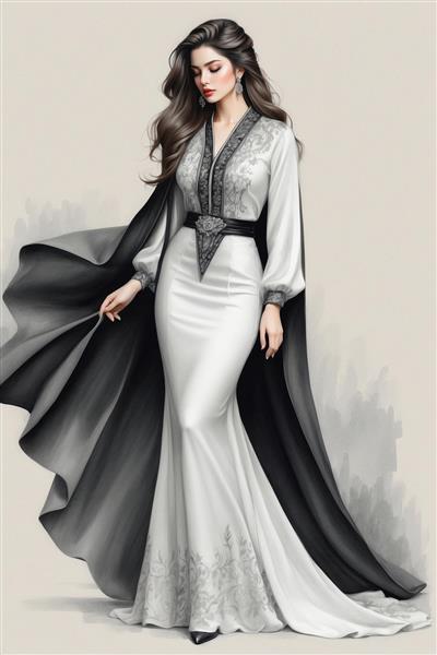 نقاشی دیجیتال زن اصیل ایرانی با لباس مجلل سفید و مشکی مناسب پوستر دیواری سالن پذیرایی و مزون‌های لوکس