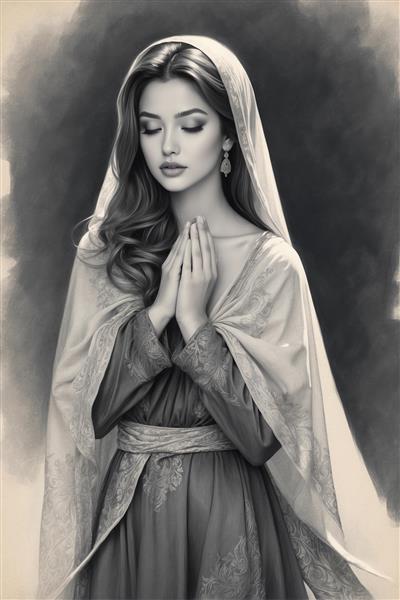 طراحی سیاه قلم زن ایرانی در حالت نیایش و آرامش؛ مناسب برای فضاهای آرام‌بخش، یوگا و دکوراسیون اتاق خواب دخترانه