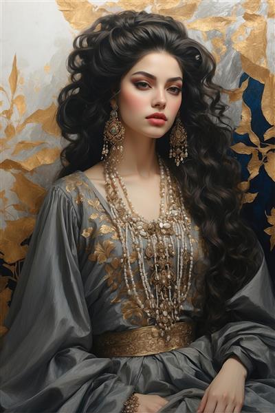 طرح هنری بانو ایرانی با لباس خاکستری و نقش‌های طلایی؛ مناسب چاپ کاغذ دیواری لوکس و پوستر پشت تلویزیون در پذیرایی