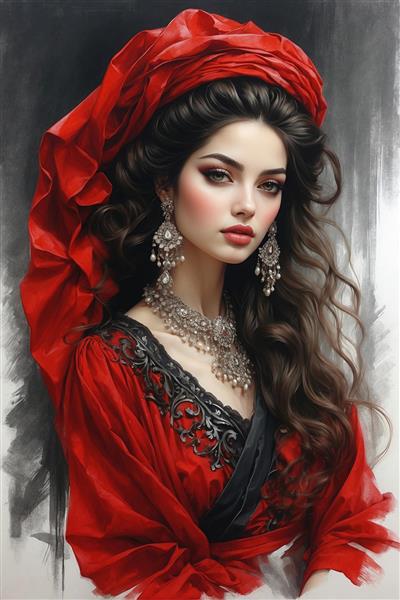 نقاشی رنگی خیره‌کننده از زن ایرانی با پوشش قرمز و جواهرات نقره؛ پوستر دیواری مجلل برای تالارهای پذیرایی و هتل‌ها