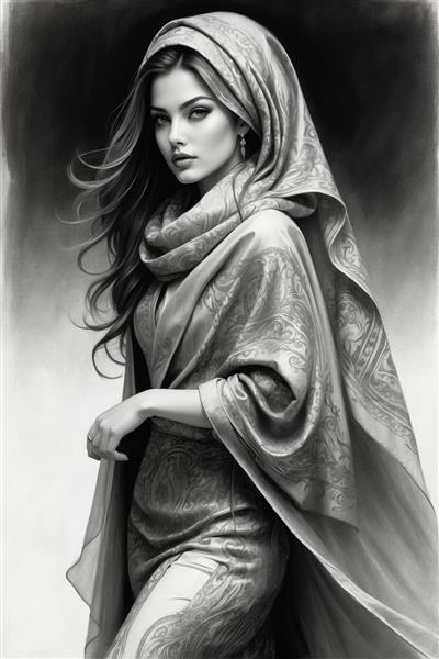 طراحی سیاه قلم حرفه‌ای از چهره دختر ایرانی با پوشش سر طرح‌دار؛ مناسب برای تابلوهای دکوراتیو کافه سنتی و محیط‌های هنری