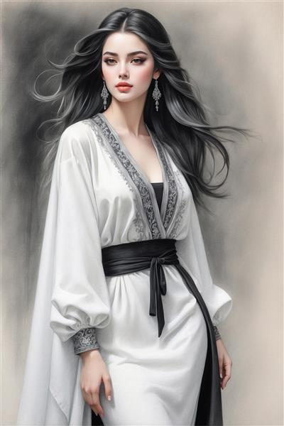 نقاشی دیجیتال زن ایرانی با لباس سفید و کمربند مشکی؛ طرح هنری عمودی برای چاپ روی تخته شاسی و دکوراسیون فضاهای مدرن