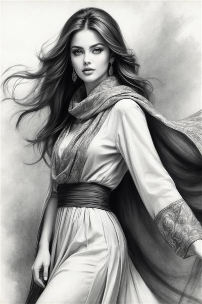 طراحی سیاه قلم فیگور زن ایرانی با شال بلند در باد؛ پوستر دیواری مدرن و مینیمال برای راهروهای عریض و مزون‌های لباس