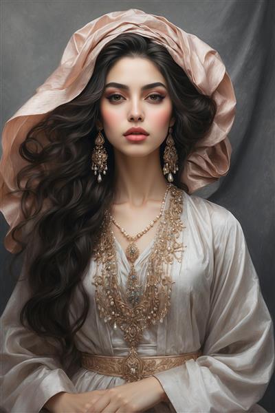 طرح رنگی نقاشی دختر ایرانی با لباس کرم و جواهرات مجلل طلا؛ مناسب چاپ پوستر دیواری سه بعدی اتاق خواب و سالن پذیرایی