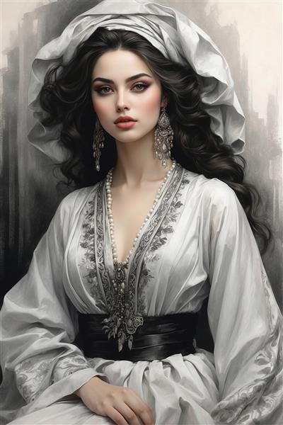 نقاشی سیاه قلم چهره زن ایرانی با تور سر سفید و گردنبند مروارید؛ طرح عمودی برای پوستر دیواری کلاسیک و تابلوهای هنری لابی