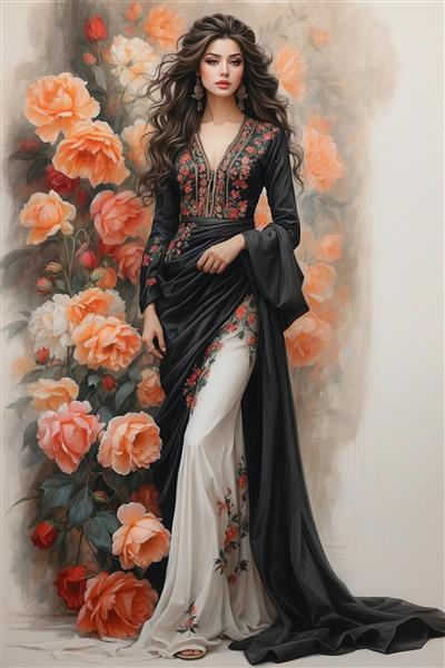 طرح رویایی زن ایرانی در میان گل‌های رز نارنجی مناسب چاپ کاغذ دیواری پذیرایی، مهدکودک و اتاق خواب بانوان