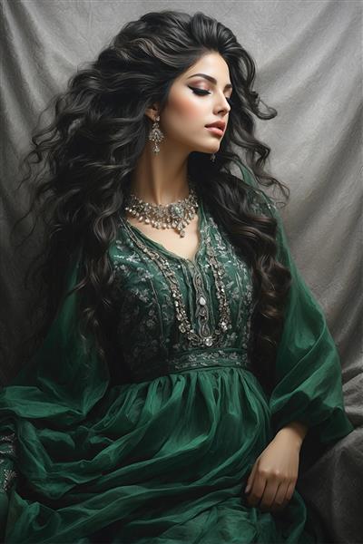 نقاشی با ظرافت از پروفایل نیم‌رخ زن ایرانی در لباس سبز فاخر مناسب چاپ روی ماگ، دفترچه و تابلوهای کوچک دکوراتیو