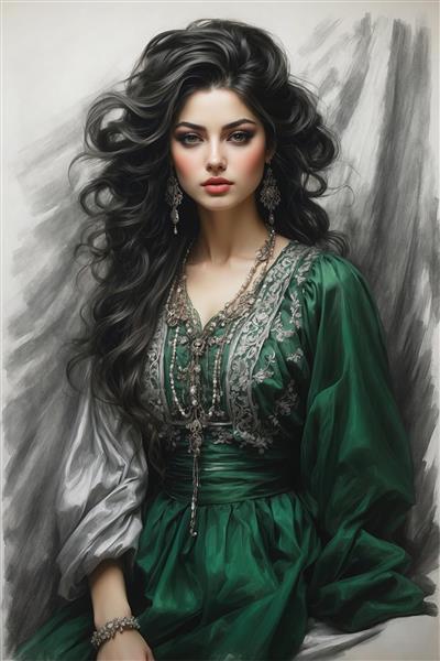 طرح نقاشی رنگی چهره دختر ایرانی با لباس سبز زمردی و جواهرات براق مناسب قاب عکس دکوراتیو و پوستر پشت تخت خواب در اتاق مستر