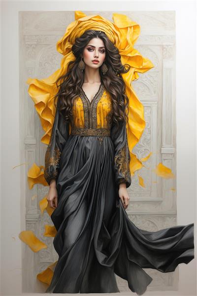 پوستر دیواری هنری از قد کامل زن ایرانی با لباس بلند و شال زرد برای دکوراسیون دیوارهای بلند، راهروهای عریض و سالن‌های مد