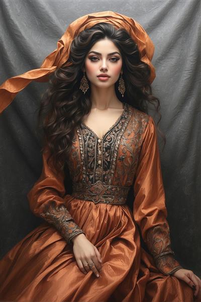 تصویر هنری بانو با پوشش اصیل ایرانی و پارچه ترمه مناسب برای چاپ کاغذ دیواری سفارشی و پرده‌های تصویری در هتل‌های سنتی و رستوران‌ها