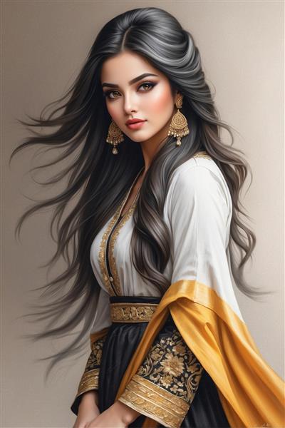 طرح عمودی نقاشی زن ایرانی با لباس مجلل زرد و مشکی ویژه چاپ پوستر دیواری سه بعدی و تابلو دکوراتیو لابی هتل و تالار پذیرایی