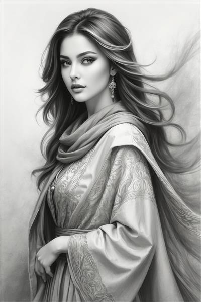 نقاشی سیاه قلم چهره دختر زیبای ایرانی با لباس سنتی مناسب چاپ تابلو بوم و پوستر دیواری عمودی برای اتاق خواب و سالن‌های زیبایی