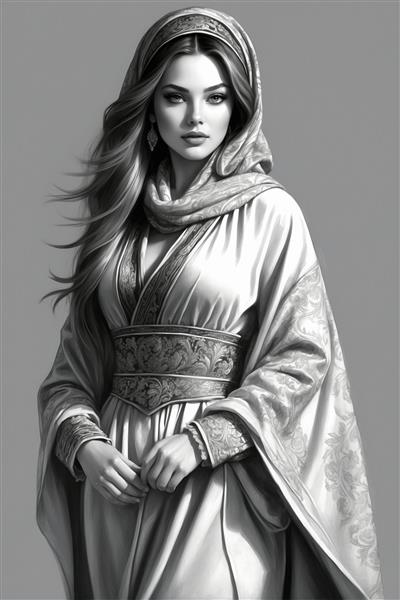 طرح نقاشی هنری مونوکروم زن ایرانی با لباس فاخر و کمربند پهن سنتی، مناسب برای چاپ بر روی کوسن، پرده و پارچه‌های دکوراتیو