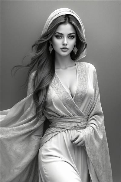 تصویر سیاه قلم لوکس از زن ایرانی با موهای پریشان و لباس مجلسی، مناسب برای تابلوی دکوراتیو پذیرایی و دکورهای سبک مدرن