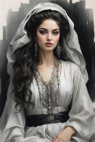 تصویر هنری نقاشی چهره دختر ایرانی با پوشش سر سفید و گردنبندهای پرکار سنتی، ویژه پوستر دیواری پشت تخت خواب و لابی‌های مجلل