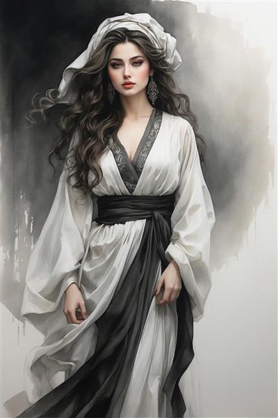 طرح نقاشی آبرنگی و مینیمال زن ایرانی با لباس سفید و مشکی، مناسب برای چاپ روی بوم و دکوراسیون داخلی با تم خنثی و هنری