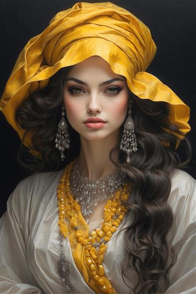 تصویر نقاشی دیجیتال زن ایرانی با کلاه لبه‌دار زرد خیره‌کننده و جواهرات نقره‌ای، ایده‌آل برای پوستر دیواری سالن‌های مد و مزون‌های لوکس