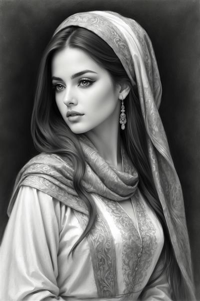 نقاشی سیاه قلم و مونوکروم چهره دختر پارسی با پوشش سنتی، بسیار شیک برای تابلوهای دکوراتیو مدرن و کلاسیک و چاپ روی لیوان و ماگ