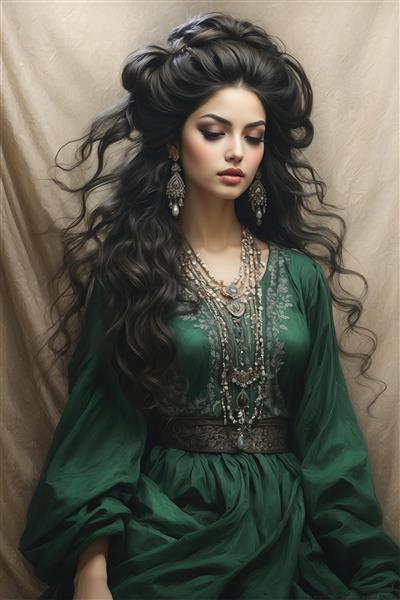 طرح نقاشی زن با لباس سبز زمردی و گردنبندهای چندرده، انتخابی بی‌نظیر برای پوستر دیواری پذیرایی و تابلوی دکوراتیو اتاق مهمان