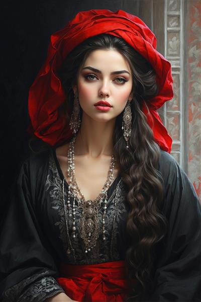 نقاشی دیجیتال زن جذاب ایرانی با کلاه لبه‌دار قرمز و جواهرات اصیل، مناسب برای پوستر دیواری کافی‌شاپ‌ها و گالری‌های هنری مدرن