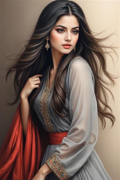 طرح گرافیکی زن باوقار ایرانی با شال قرمز و لباس خاکستری مناسب برای پوستر دیواری عمودی، چاپ روی دفترچه و ملزومات اتاق کار بانوان