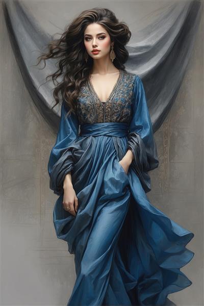 طرح نقاشی هنری دختر ایرانی با پیراهن آبی سلطنتی و استایل کلاسیک ویژه پوستر سه بعدی اتاق خواب و سالن‌های آرایش، مناسب چاپ روی روتختی و کوسن