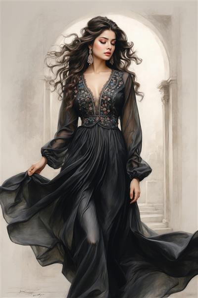 نقاشی دیجیتال زن زیبای ایرانی با لباس مجلسی مشکی و بلند خیره‌کننده مناسب برای پوستر دیواری پذیرایی و تالارها، قابل چاپ روی پرده و شاسی لوکس