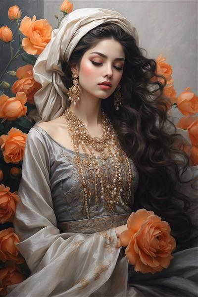 طرح نقاشی دیجیتال دختر ایرانی در میان گل‌های نارنجی برای اتاق کودک، مهدکودک و اتاق خواب دخترانه