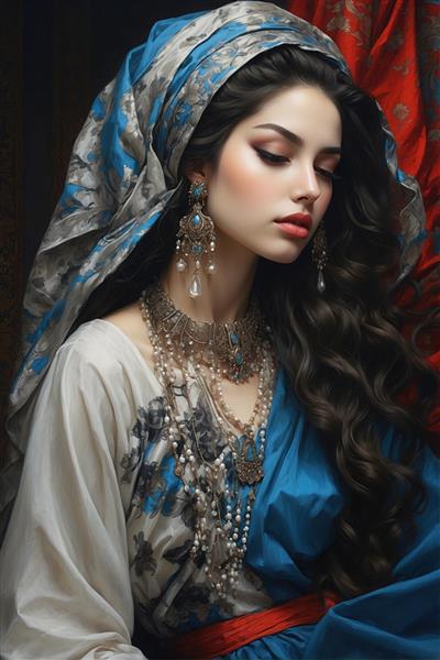 پوستر سه بعدی طرح نقاشی زن عشایر با شال آبی و جواهرات نقره‌ای برای دکوراسیون با تم سنتی و اصیل