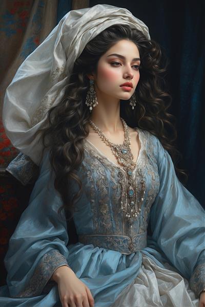 تصویرسازی لوکس بانوی ایرانی با لباس آبی درباری و جواهرات فیروزه ویژه پوستر دیواری مجلل و لابی
