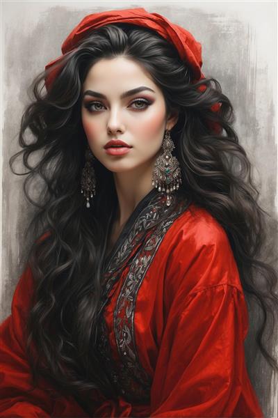 تابلو نقاشی رنگ روغن زن ایرانی با لباس ابریشم قرمز و آرایش غلیظ برای اتاق خواب و مزون‌های لوکس