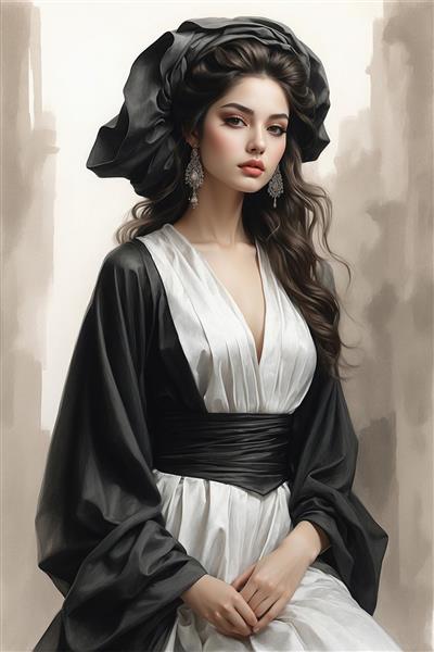 طرح نقاشی رئال زن ایرانی با کلاه لبه‌دار هنری برای تابلوهای مدرن دکوراتیو و گالری‌های شخصی