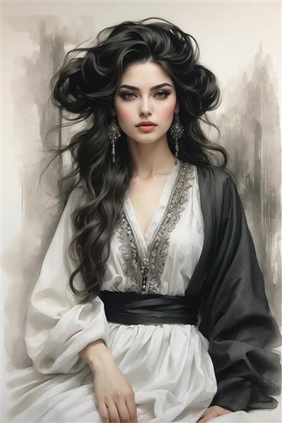 نقاشی دیجیتال چهره مدرن زن ایرانی با موهای پریشان مناسب سالن آرایش و پوستر دیواری اتاق مستر