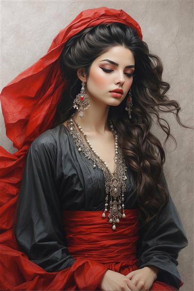 پوستر دیواری طرح نقاشی زن بختیاری با سربند قرمز و جواهرات سنتی برای دکوراسیون روستیک و بوم‌گردی