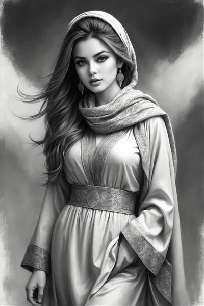 نقاشی کلاسیک سیاه و سفید از بانوی اصیل ایرانی با لباس سنتی مناسب پوستر دیواری سالن پذیرایی و ویلا
