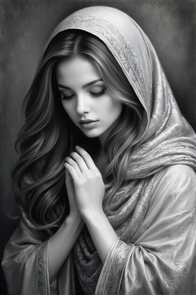 طرح سیاه قلم معنوی دختر ایرانی با پوشش حریر برای تابلوهای آرامش‌بخش اتاق خواب و مدیتیشن