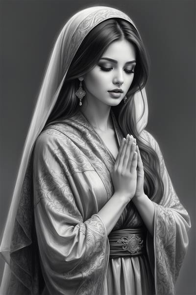 طراحی سیاه‌قلم حرفه‌ای از چهره زن ایرانی در حال نیایش با جزئیات بالا مناسب قاب عکس دکوراتیو و فضای سنتی هتل و رستوران