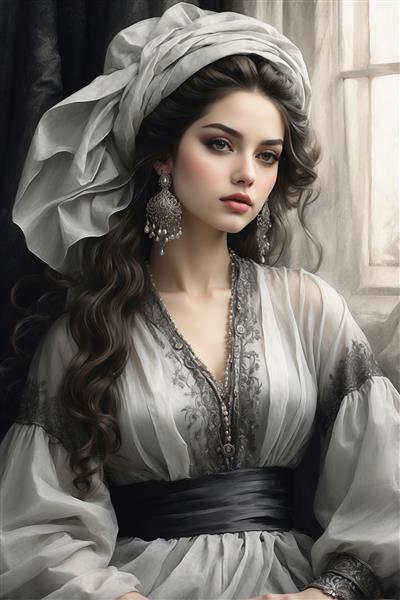 نقاشی چهره دختر ایرانی با سبک سیاه‌قلم کلاسیک مناسب برای تابلو دکوراتیو اتاق خواب و دفتر کار