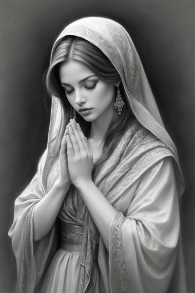 تصویر معنوی و آرام‌ بخش از زن ایرانی در حال نیایش با پوشش سنتی سفید و خاکستری
