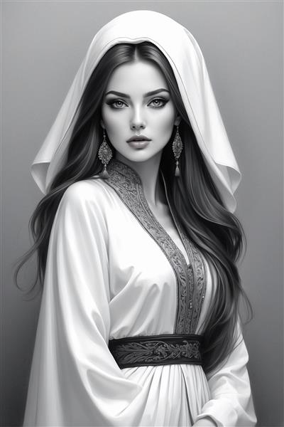 پرتره سیاه و سفید مینیمال از چهره زن ایرانی با لباس یقه ایستاده و جزییات ظریف اسلیمی