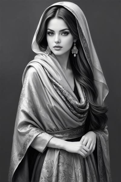 پرتره کلاسیک سیاه و سفید از دختر ایرانی با شال گلدوزی شده و گوشواره‌های بزرگ سنتی