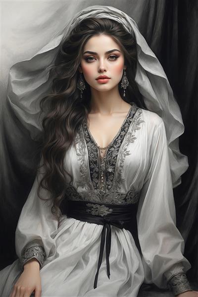 تصویر تمام‌ قد هنری از زن اصیل ایرانی با لباس مجلسی توری و کمربند تزیینی در محیطی دراماتیک