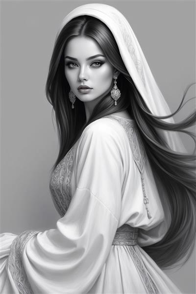 پوستر دیواری هنری چهره زن جوان ایرانی با پوشش سفید و نگاه نافذ مناسب برای فضاهای درمانی و آرامش