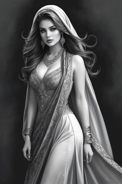 طرح سیاه و سفید فاخر از مدل زن ایرانی با جواهرات درخشان و لباس یقه باز سنتی ویژه سالن‌های مد