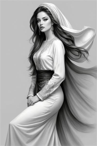 تصویر مونوکروم بانوی شیک‌ پوش ایرانی با استایل کلاسیک و شال حریر مناسب دکوراسیون مینیمال