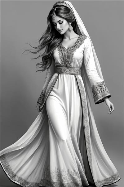 پوستر سیاه و سفید هنری از عروس زیبای ایرانی با لباس بلند گلدوزی شده و تور سر سنتی