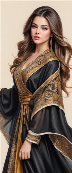 پرتره زن لوکس ایرانی با لباس یقه باز سنتی و گلدوزی‌های اسلیمی ویژه چاپ روی پرده، روتختی و قاب عکس تزئینی