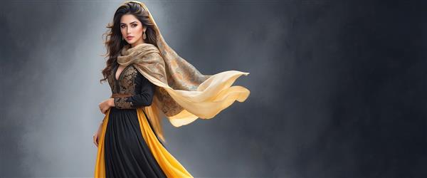 تصویر هنری زن ایرانی در میان مه با لباس زرد و مشکی کنتراست بالا برای پوستر دیواری سه بعدی اتاق پذیرایی