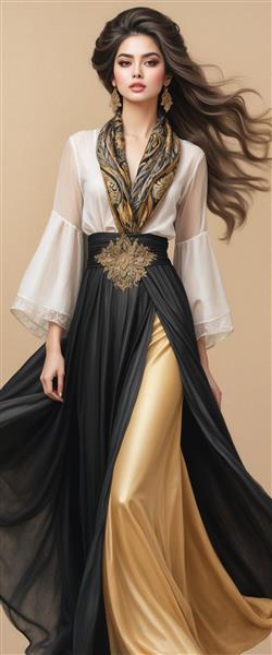 طرح کامل لباس مجلسی زنانه ایرانی با ترکیب مشکی و طلایی ویژه پوستر دیواری مزون‌های لوکس و بوتیک‌های زنانه